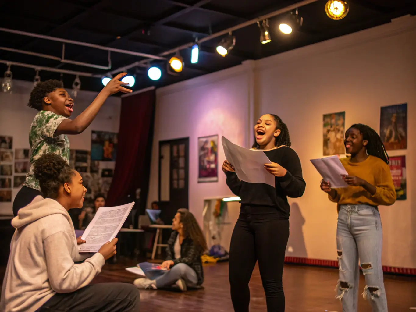 A vibrant photograph capturing a scene from a recent theatrical workshop for young adults at Théâtre Municipal Armand, showcasing active participation and creative expression.