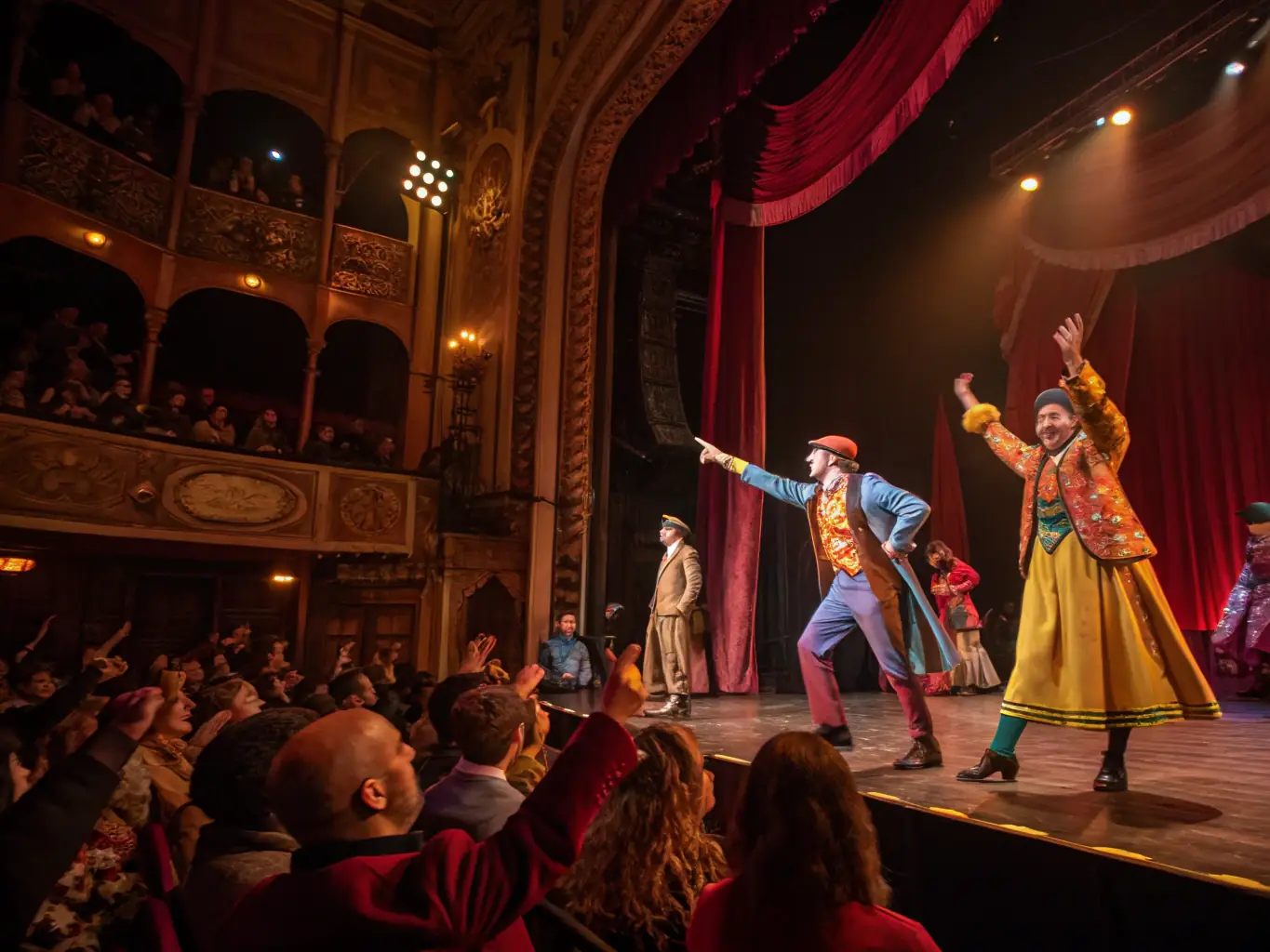 A photograph capturing a scene from a recent theatrical production at Théâtre Municipal Armand, showcasing the vibrant costumes and dynamic stage presence of the actors.
