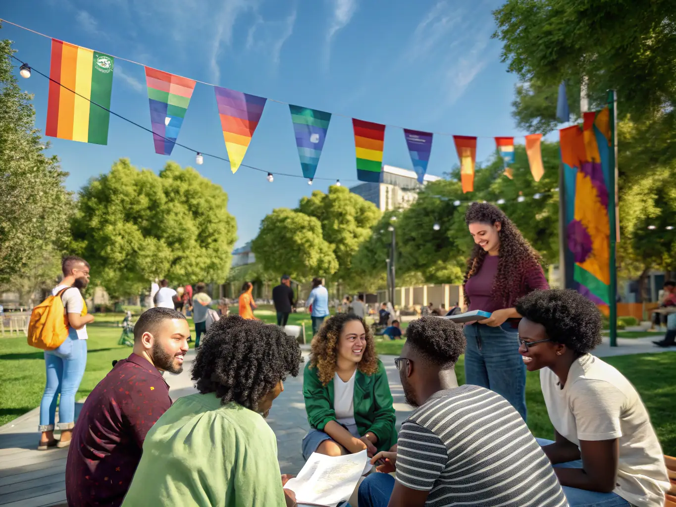 A captivating image of a community outreach event organized by ASSOCIAT DEVELOPP PROMOT THEATR MUNICIPA, featuring actors interacting with local residents in a public space.