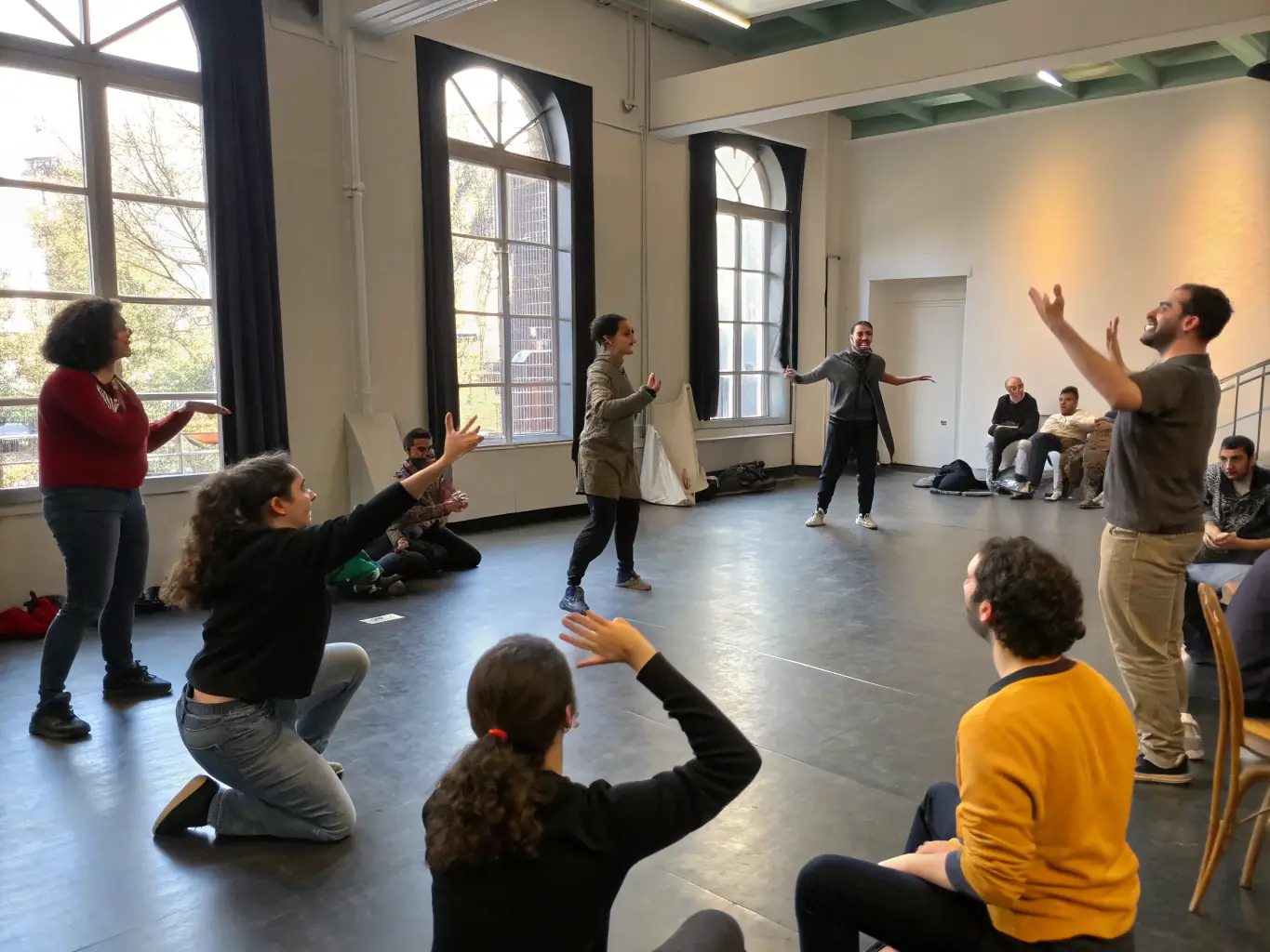 A photograph of participants actively engaged in a theatre workshop at Théâtre Municipal Armand, demonstrating hands-on learning and creative expression.